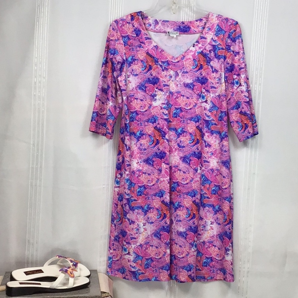 🆕 Mare Blu ‘Saint Tropez’ Multi Color V-Neck 3/4 Sleeves Sheath Dress Sz.M